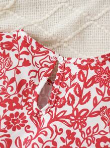 Baby Girl Floral Print Flare Sleeve Bow Front Contrast Lace Dress - Multicolor - View 6