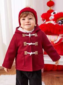 SHEIN Baby Boys' Hooded Mid-Length Woolen Coat With Thermal Lined