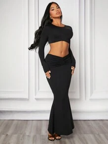 SHEIN SXY 女士短版長袖上衣和褶裙中長款兩件套生日裝春夏女士衣服約會之夜 - 黑色 - 查看 7