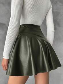 SHEIN Cottnline Solid Color Side Zipper Skirt - Army Green - View 2