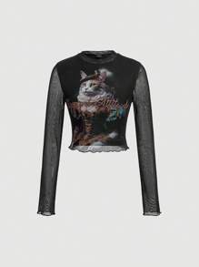 SHEIN MOD Cartoon & Letter Graphic Lettuce Trim Crop Tee - Black - View 1