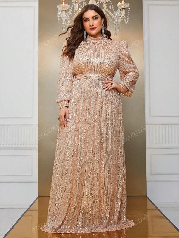 YISIKADO Plus Mock Neck Lantern Sleeve Sequin Party Dress Elegant Long Sleeve Formal Evening Prom Wedding Guest Gown, For Graduation, Dinner