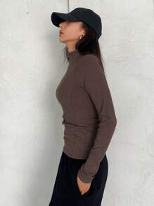 Dazy Star Ribbed Knit Raglan Sleeve Half Zip Tee Long Sleeve Women Tops - Coffee Brown - View 4