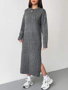Muchica 女士休闲宽松针织连衣裙，圆领，落肩设计，长袖，侧开衩下摆，适合秋冬季穿着。 - 深灰色 - 查看 6
