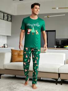 Conjunto de pijama con camiseta y pantalones estampados navideños para hombres - Verde - Ver 3
