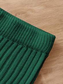 SHEIN Tween Girl Solid Ribbed Knit Raglan Sleeve Sweater & Knit Pants - Dark Green - View 4