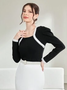 Modelyn 撞色滚边羊腿袖针织套头衫秋冬毛衣 - 黑色 - 查看 3