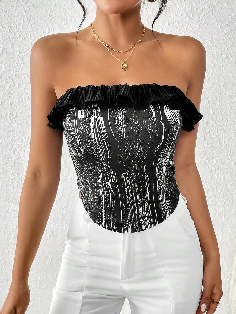 SHEIN Privé Top bandeau con estampado de dibujo ribete con fruncido - Blanco y Negro - Ver 1