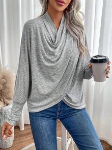 SHEIN LUNE cổ áo xếp nếp tay cánh Áo thun Wrap - Xám - Xem 5