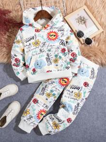 SHEIN 女孩有趣印花運動衫和運動褲套裝,家庭裝(3套可單獨購買) - 白色 - 查看 1