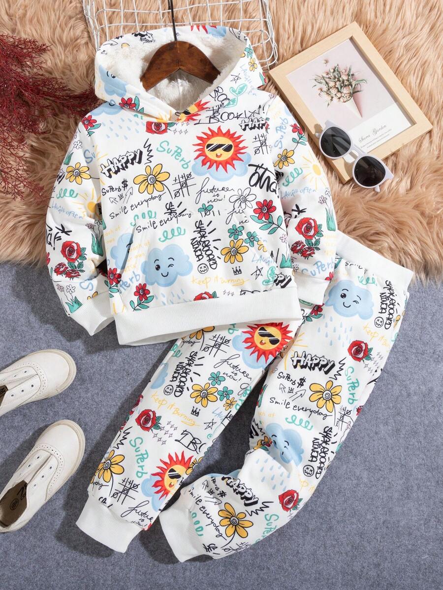 SHEIN 女孩有趣印花運動衫和運動褲套裝,家庭裝(3套可單獨購買) - 白色 - 查看 1