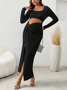 SHEIN Thai sản Cắt ra Mặt trước xoắn Tách đùi Đầm - màu đen - Xem 5