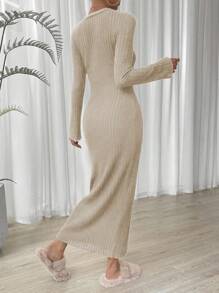 SHEIN LUNE Solid Ribbed Knit Bodycon Dress - Apricot - View 2