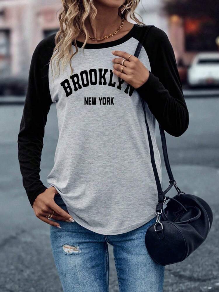 Letter Graphic Raglan Sleeve Tee Graphic Tees Women Tops Fall Cloth For Women