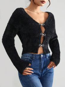 SHEIN Privé Rhinestone Bow Front Crop Fuzzy Cardigan - Black - View 5