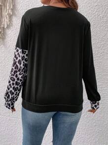 SHEIN Plus Contrast Leopard Print Colorblock Sweatshirt Pullover Fall Winter Sweatshirt Autumn - Burgundy - View 2