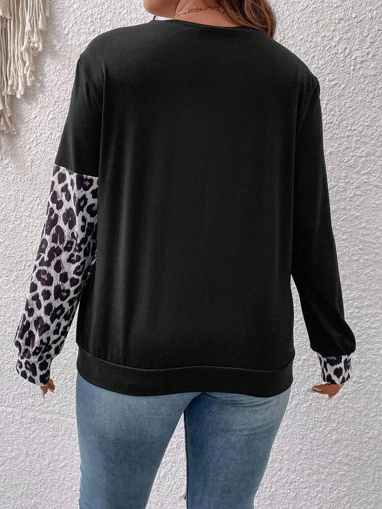 Plus Contrast Leopard Print Colorblock Sweatshirt Pullover Fall Winter Sweatshirt Autumn