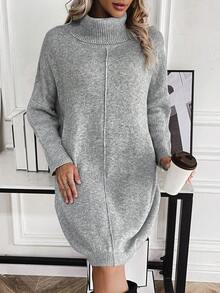 SHEIN Essnce Turtleneck Drop Shoulder Sweater Dress Without Belt - Grey - View 3