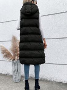 SHEIN LUNE Slant Pockets Hooded Vest Padded Padded Coat Clothes Winter - Black - View 2