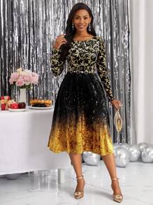 SHEIN Lady 燙金花朵印花漸變圖案A字洋裝 - 彩色 - 查看 5