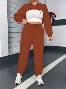 Flirla Hơn Dây rút Áo Hoodie Super Crop & Quần nỉ Không có áo Top Cami - Màu Khaki - Xem 4