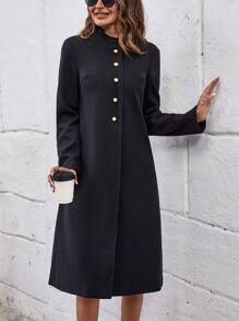 SHEIN Clasi Solid Button Front Overcoat Fall Cloth For Women - Black - View 5