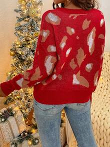 SHEIN Frenchy V領落肩圖案毛衣 - 紅色 - 查看 2