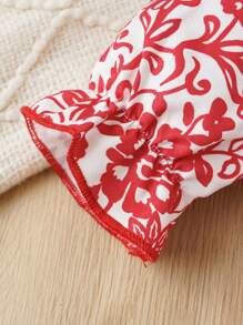 Baby Girl Floral Print Flare Sleeve Bow Front Contrast Lace Dress - Multicolor - View 5