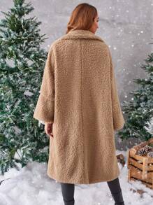 SHEIN Essnce Lapel Neck Slant Pocket Teddy Coat - Khaki - View 2
