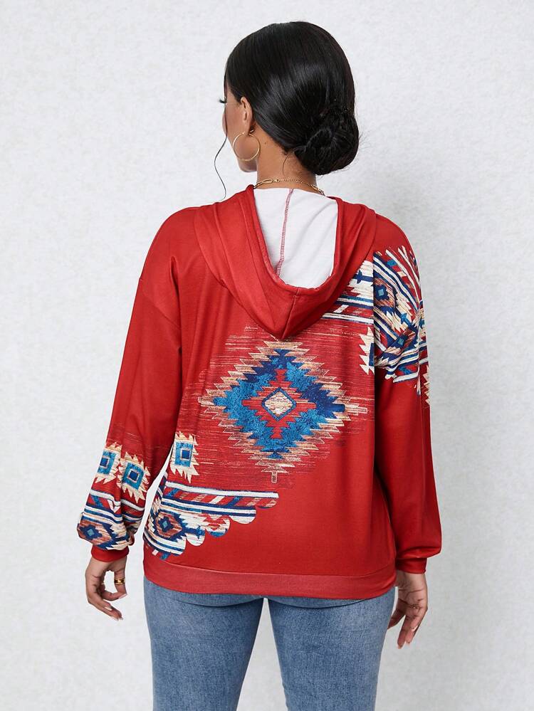 Geo Print Drop Shoulder Drawstring Hoodie Pullover Fall Sweatshirt