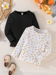 SHEIN 女小童2入組小碎花&波點圖案T恤 - 彩色 - 查看 5