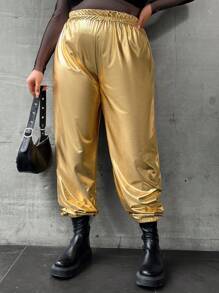 Flirla Plus Solid Elastic Waist Pants Fall Cloth For Women - Gold - View 5