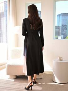 Modelyn Colourblock Lapel Collar Pleated Hem Belted Dress - Black - View 2