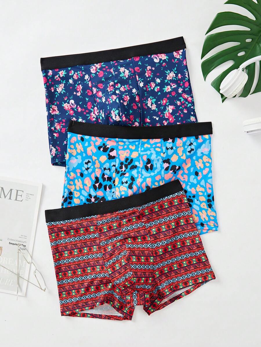 Men 3pcs Floral Print Contrast Tape Boxer Brief - Multicolor - View 1