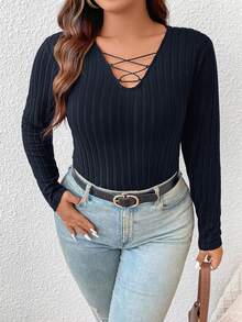 SHEIN Frenchy Talla grande Camiseta con tira cruzada delantera tejido de canalé - azul real - Ver 4