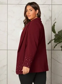 SHEIN Privé Plus Pearls Beaded Shawl Collar Open Front Blazer - Burgundy - View 2