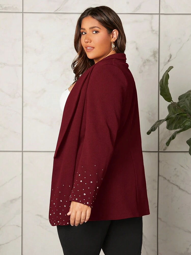 Plus Pearls Beaded Shawl Collar Open Front Blazer