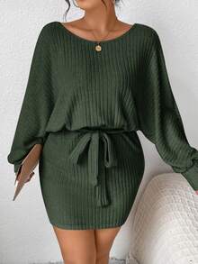 SHEIN Frenchy Hơn Đồ đan Ribbed tay cánh Váy có thắt lưng - màu xanh lá - Xem 3