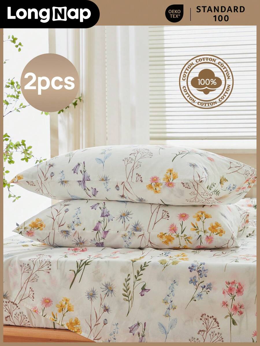 ( 100% Cotton ) 2 chiếc Vỏ gối in hoa không có đệm, siêu mềm thoáng khí Thoải mái mọi mùa - Nhiều màu - Xem 1