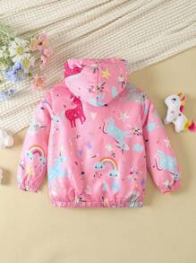 SHEIN Cô Gái Trẻ In Unicorn & Cầu vồng Dây kéo áo có mũ Áo khoác - Hồng - Xem 2