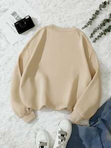 SHEIN EZwear 花卉和字母圖案加絨內裏運動衫 - 米色 - 查看 2