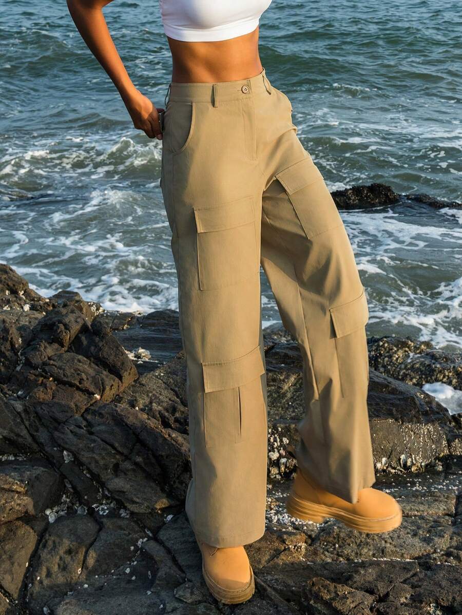 SHEIN Sports 翻蓋口袋工裝戶外長褲 - 卡其色 - 查看 1