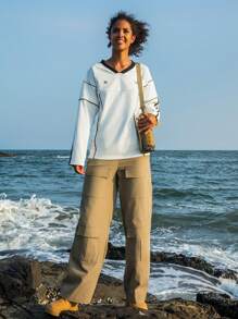 SHEIN Sports 翻蓋口袋工裝戶外長褲 - 卡其色 - 查看 3