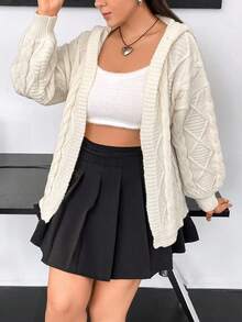Flirla Plus Cable Knit Drop Shoulder Hooded Duster Cardigan - Beige - View 6
