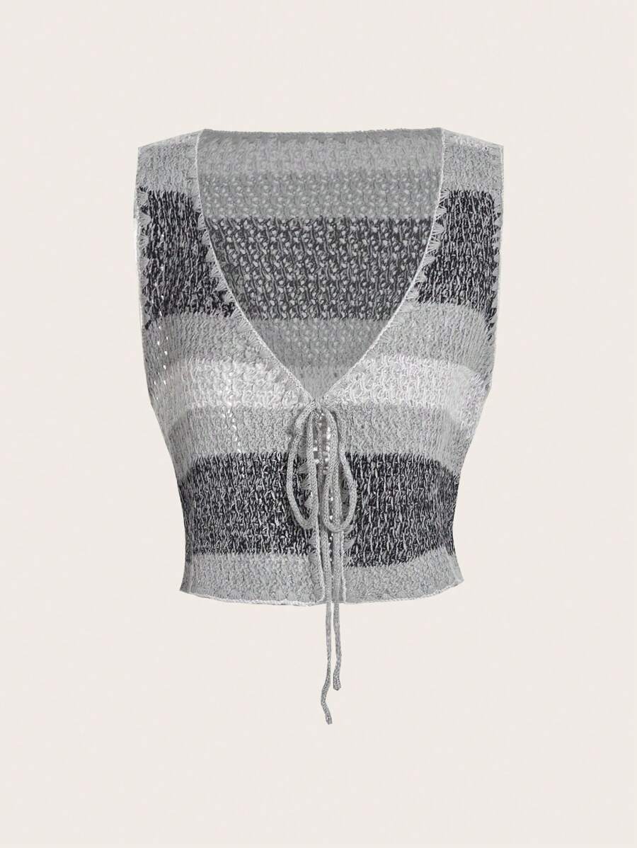 SHEIN MOD 撞色前繫帶毛衣背心 - 彩色 - 查看 1