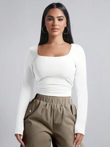 SHEIN PETITE Scoop Neck Ruched Side Spring Women Outfit Tee - White - View 3