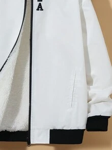 SHEIN Tween Boy Letter Embroidery Fuzzy Lined Bomber Jacket - White - View 6