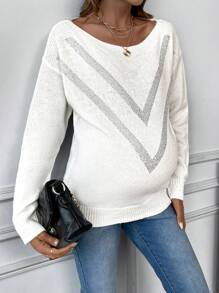 SHEIN Maternity Chevron Pattern Drop Shoulder Sweater, For Winter - White - View 5