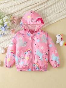 SHEIN Cô Gái Trẻ In Unicorn & Cầu vồng Dây kéo áo có mũ Áo khoác - Hồng - Xem 1
