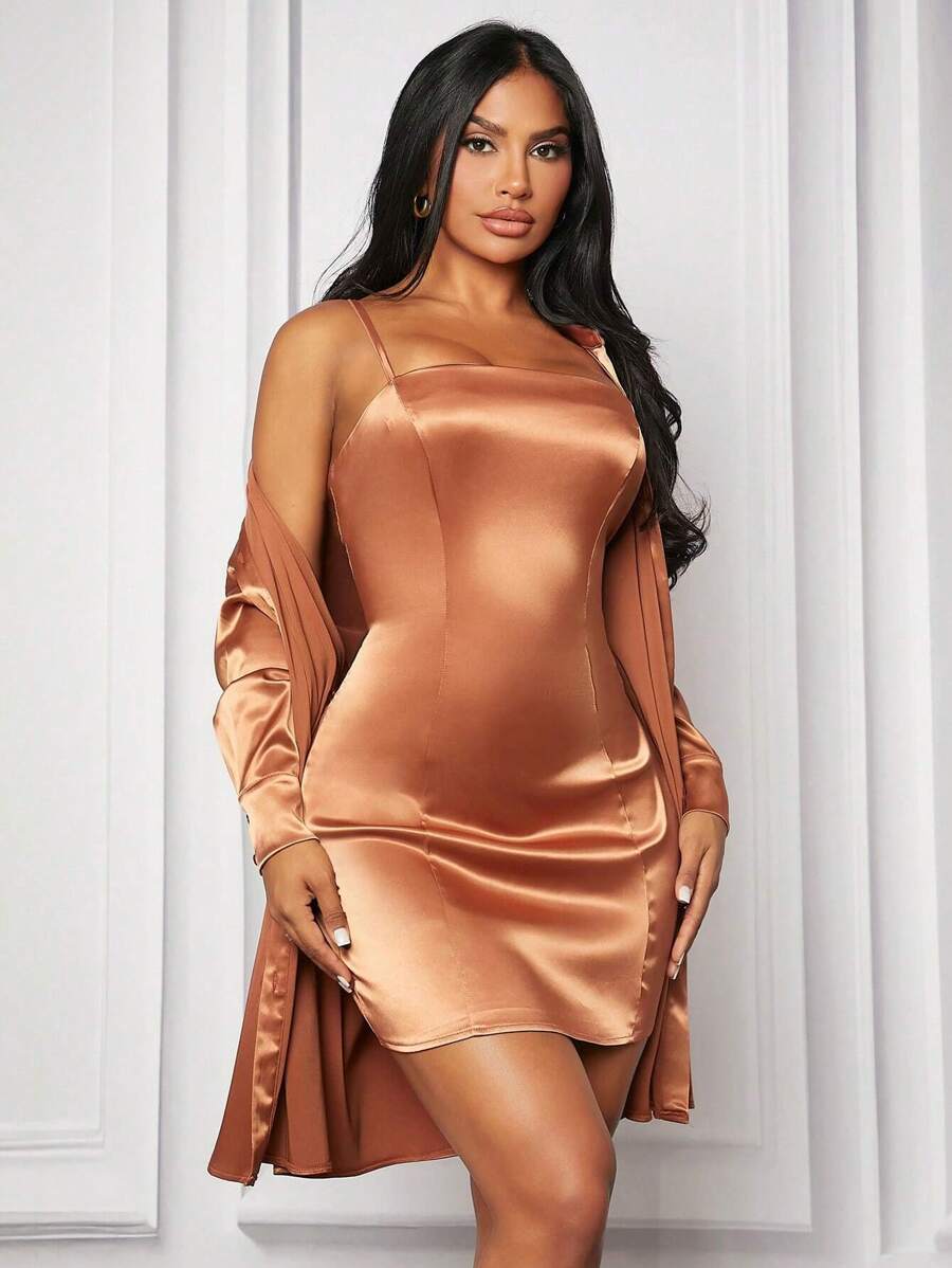 SHEIN SXY Của phụ nữ Màu thuần Váy Dây Và Áo sơ mi - màu nâu - Xem 1